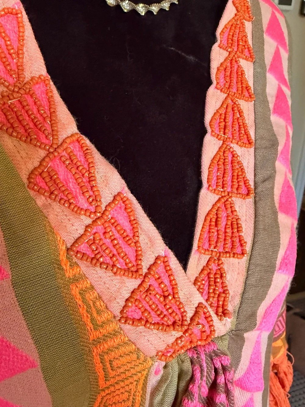 Boho Striped Fringe Poncho in Pink & Orange